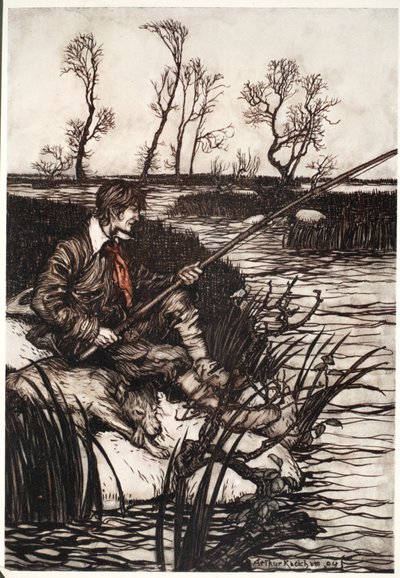 Ele se sentava em uma pedra molhada e pescava o dia todo, de Rip Van Winkle, de Washington Irving, pub. 1910 de Arthur Rackham