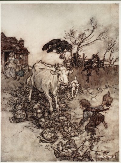 Sua vaca se desgarrava ou ficava entre os repolhos., De Rip Van Winkle, de Washington Irving, pub. 1910 de Arthur Rackham