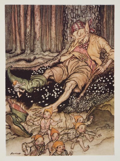 Hop-o-meu-polegar subiu para o Ogre suavemente e tirou suas botas de sete léguas, do bar do Arthur Rackham Fairy Book. 1933 de Arthur Rackham