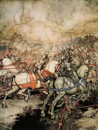 Como Arthur desenhou sua espada, Excalibur, pela primeira vez, ilustração de "O romance do Rei Arthur e seus cavaleiros da Távola Redonda", de Alfred W. Pollard, 1910 de Arthur Rackham