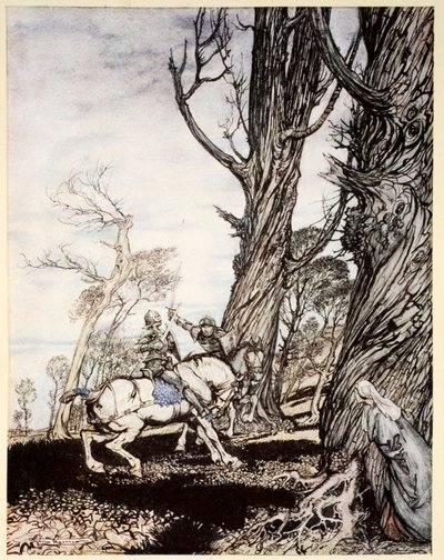 Como Sir Lancelotot matou o cavaleiro Sir Peris de Forest Savage que afligiu as damas, as donzelas e as gentis, como ilustração de "O romance do rei Artur e seus cavaleiros da Távola Redonda" de A de Arthur Rackham