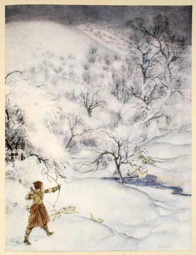 Como Sir Lancelotot foi baleado por uma mulher gentil, ilustração de "O romance do Rei Arthur e seus cavaleiros da Távola Redonda", de Alfred W. Pollard, 1910 de Arthur Rackham