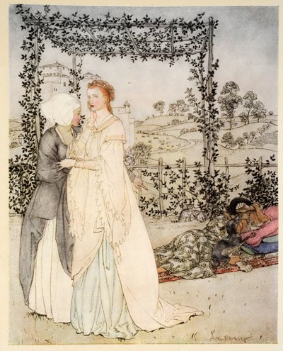 Como Tristram era conhecido pelo pequeno brachet no jardim do castelo do rei Marcos, ilustração de "O romance do rei Artur e seus cavaleiros da Távola Redonda", de Alfred W. Pollard, 1910 (cor l de Arthur Rackham