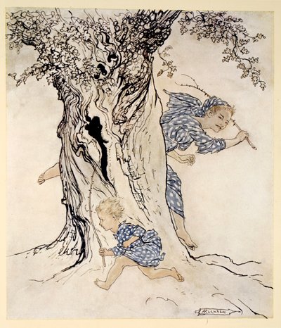 Como ele se esforçou e ofegou para pegar aquela pessoa perseguidora e persegui-la e colocar sua própria ação em ação, ilustração de "Irish Fairy Tales", de James Stephens, 1920 de Arthur Rackham