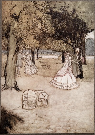 Eu acho que a visão mais comovente nos Jardins são as duas lápides de Walter Stephen Matthews e Phoebe Phelps .., de Peter Pan em Kensington Gardens por JM Barrie (1860 - 1937), pub. de Arthur Rackham