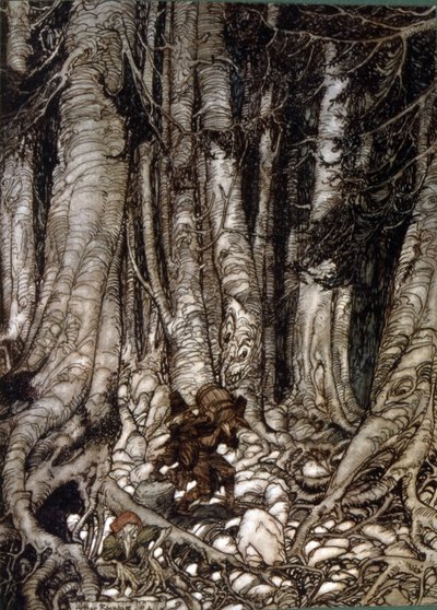Ilustração por Arthur Rakham de Rip Van Winkle, um conto do autor americano Washington Irving publicado pela primeira vez em 1819 de Arthur Rackham