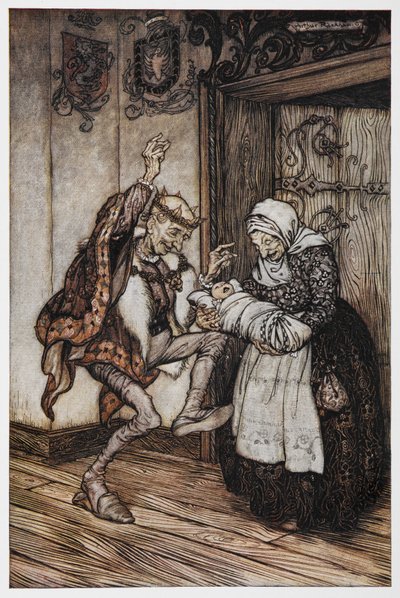 Ilustração de Briar Rose de um rei e rainha idosos e do seu bebé. de Arthur Rackham