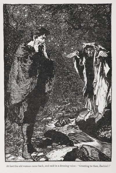 Ilustração de Jorinda e Joringel de Zachiel e da mulher idosa. de Arthur Rackham