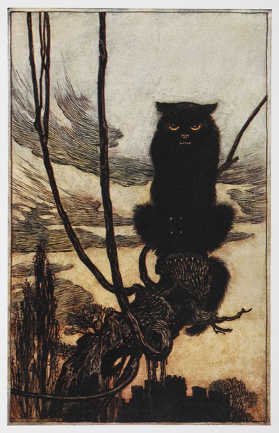 Ilustração de Jorinda e Joringel de um gato preto. de Arthur Rackham