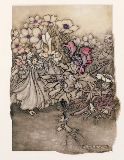 Ilustração de Peter Pan em Kensington Gardens por JM Barrie (1860-1937) 1906 (caneta e tinta com wc no papel) de Arthur Rackham
