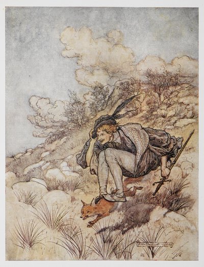 Ilustração de The Golden Bird. Um príncipe montado numa raposa. de Arthur Rackham