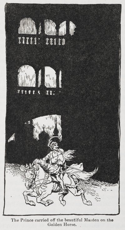 Ilustração de The Golden Bird quando o príncipe transporta a donzela a cavalo. de Arthur Rackham