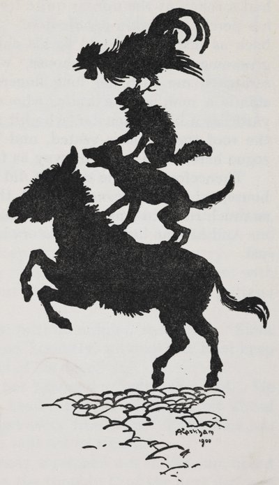 Ilustração dos Músicos da Cidade de Bremen de um burro, cão, gato e galo. de Arthur Rackham