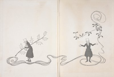 Ilustração de Scrooge. De um lado ele é representado por um ramo de azevinho, agarrado a um saco de dinheiro e com um ar zangado. Do outro, é representado com um ramo de azevinho parecendo feliz. de Arthur Rackham