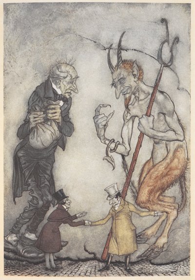 Ilustração de Scrooge e do diabo, dois pequenos homens abaixo deles de Arthur Rackham