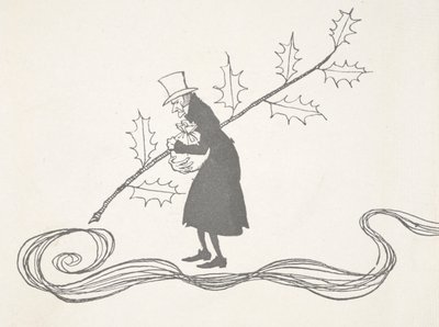 Ilustração de Scrooge, representado por um ramo de azevinho, agarrado a um saco de dinheiro e com um ar zangado. de Arthur Rackham