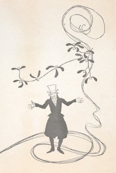 Ilustração de Scrooge, retratado com um ramo de visco com ar de felicidade. de Arthur Rackham