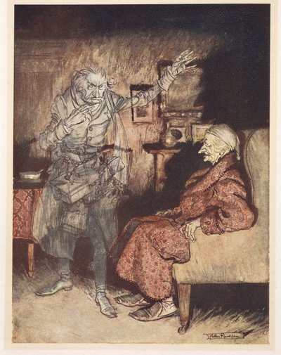 Ilustração de Scrooge com o Fantasma do Natal Passado de Arthur Rackham