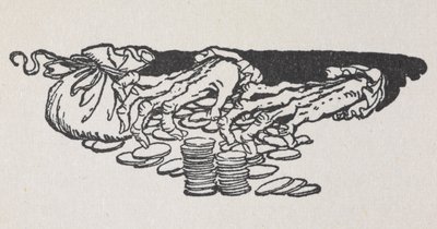 Ilustração das mãos de Scrooge a contar dinheiro de Arthur Rackham