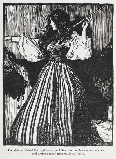 Ilustração de uma rapariga com um vestido às riscas de Sweetheart Roland. de Arthur Rackham