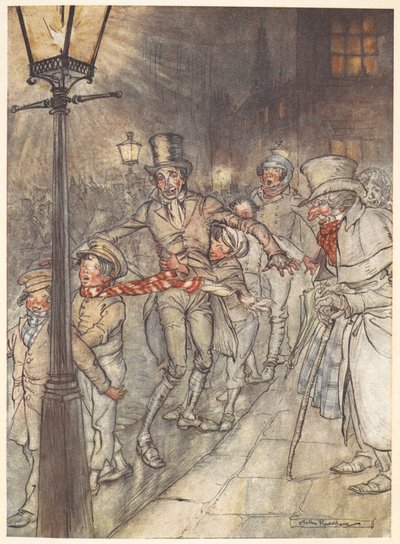 Ilustração de uma cena de rua na véspera de Natal com Bob Cratchit e crianças. de Arthur Rackham