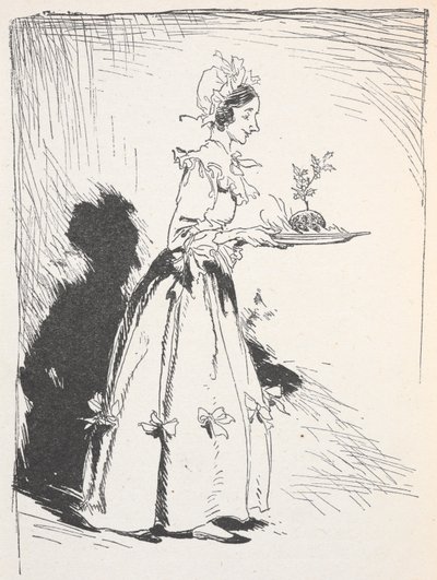 Ilustração de uma mulher carregando um pudim de Natal de Arthur Rackham