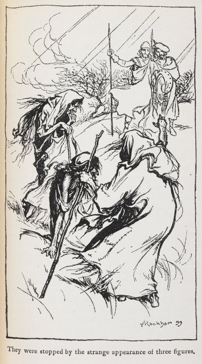 Ilustração das três bruxas, Macbeth e Banquo. de Arthur Rackham
