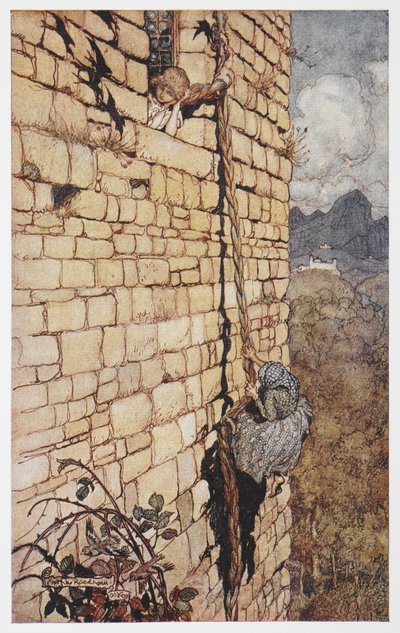 Ilustração da bruxa que sobe o cabelo de Rapunzel. de Arthur Rackham