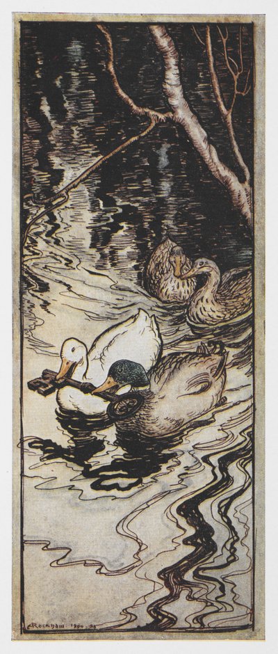 Ilustração de dois patos portadores de uma chave de The Queen Bee. de Arthur Rackham