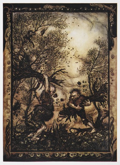 Ilustração de dois gigantes a lutar com árvores do "The Valiant Tailor". de Arthur Rackham