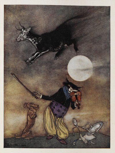 Ilustração de uma rima de berçário. Uma vaca a saltar sobre a Lua. Um gato a tocar um violino. Um cão. Um prato a fugir com uma colher. de Arthur Rackham