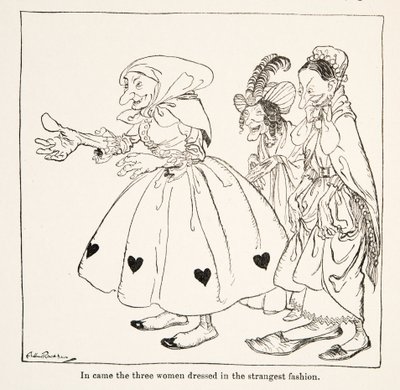 Vieram as três mulheres vestidas da maneira mais estranha, de Little Brother & Little Sister e Outros Contos dos Irmãos Grimm, pub.1917 (litho) de Arthur Rackham
