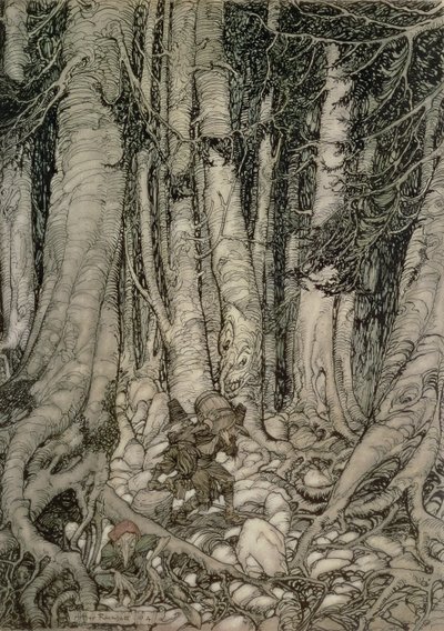 Na floresta com um barril de Rip Van Winkle escrito por Washington Irving (1783-1859), 1905 de Arthur Rackham