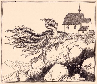 Não demorou muito até que o dragão de sete cabeças viesse, rugindo alto. Ilustração de Arthur Rackham de Grimm