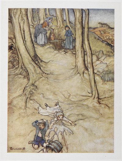 "Jack e Jill". Duas crianças caem de uma colina. Jill derrama um balde de água enquanto Jack bate com a cabeça. de Arthur Rackham