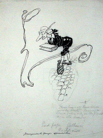 Jorumgander, o Jovem, deixou a sua loja e aproximou-se deles com uma caixa de canetas que ofereceu para venda", ilustração de "The Zankiwank and the Bletherwitch", de S.J. Adair Fitzgerald, publicada em 1896 (caneta e tinta sobre papel) de Arthur Rackham