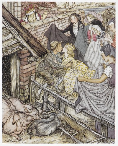 "Tal como o pastor de porcos estava a dar o oitenta e seisº beijo", ilustração para "O pastor de porcos", de Hans Christian Andersen de Arthur Rackham