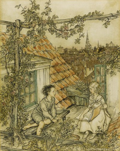 Kay e Gerda em seu jardim no alto do telhado. Ilustração para o conto de A Rainha das Neves, 18 anos de Arthur Rackham