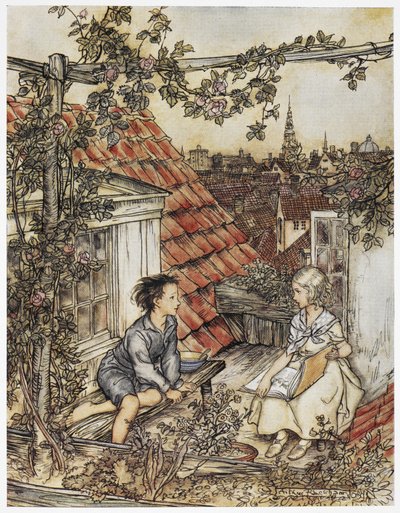 "Kay e Gerda no seu jardim no cimo do telhado". Duas crianças sentadas no telhado de uma casa. Ilustração para "a menina e o menino". de Arthur Rackham
