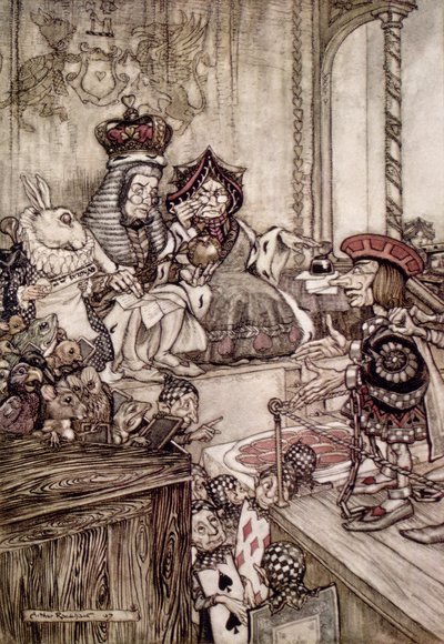 Valete diante do Rei e Rainha de Copas, ilustração para &39;Alice no País das Maravilhas&39; por Lewis Carroll (1832-98) 1907 de Arthur Rackham