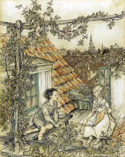 La Reine des neiges - Kay e Gerda no seu jardim no alto do telhado. Ilustração para o conto de The Snow Queen par Rackham, Arthur (1867-1939) de Arthur Rackham