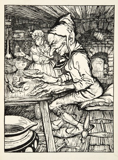 Lay !, rugiu o gigante e, em seguida, a galinha colocou imediatamente um ovo de ouro maciço, do The Arthur Rackham Fairy Book, pub. 1933 de Arthur Rackham
