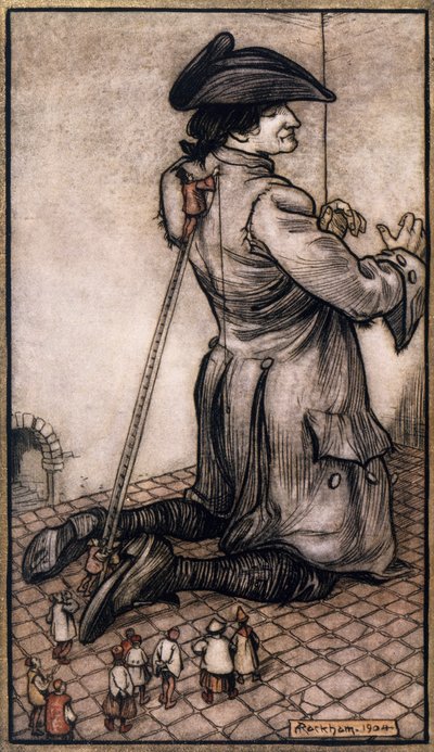 Alfaiates liliputianos medindo Gulliver para fazer-lhe um fato novo, ilustração de Arthur Rackham (1867-1939) de Gulliver