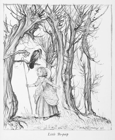 Pequeno Bo-peep numa madeira com um pássaro. de Arthur Rackham
