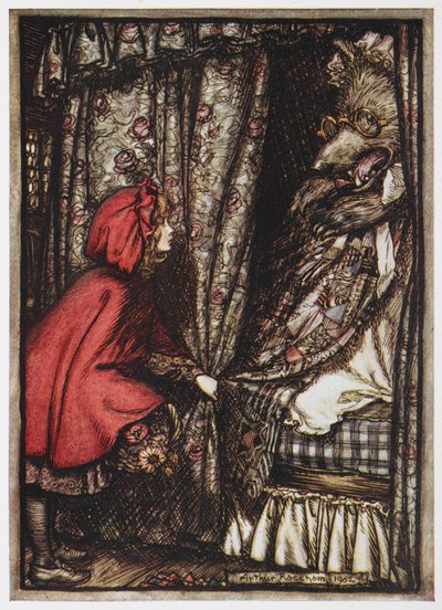 A Pequena Cavalinha Vermelha e o Lobo vestida de avó. de Arthur Rackham