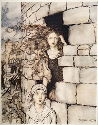 Empregada doméstica Maleen, do irmão pequeno & da irmã mais nova e dos outros contos pelos irmãos Grimm, pub.1917 de Arthur Rackham