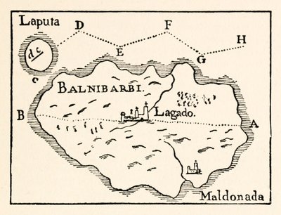 Mapa de Laputa (ilha superior voadora à direita) e Balnibarbii (porto principal de Maldonada) da Parte III: Uma Viagem a Laputa, Balnibarbi, Luggnagg, Glubbdubdrib e Japão em Gullivers Viaja por Jonathan Swift de Arthur Rackham