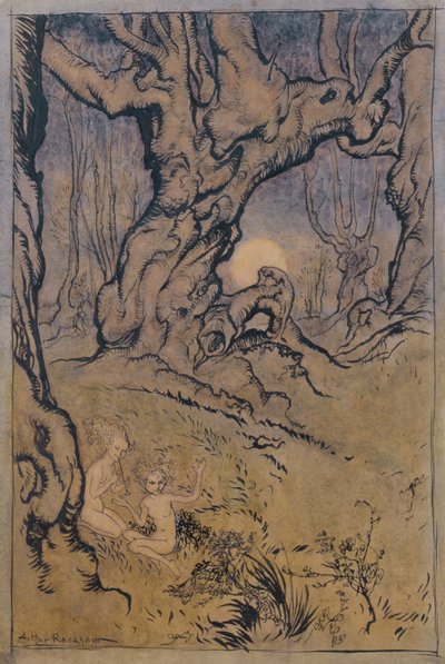 Fadas do Luar em Madeira (caneta e tinta, wc e guache) de Arthur Rackham