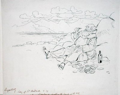 Agora St. Medard morava nas margens do Nilo", ilustração de "The Ingoldsby Legends, ou Mirth and Marvels", de Thomas Ingoldsby, publicada em 1898 (caneta e tinta sobre papel) de Arthur Rackham