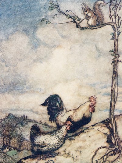 Agora vamos subir a colina e ter um bom banquete antes que o esquilo carregue todas as nozes ..., de Os contos de fada dos irmãos Grimm, pub. 1909 de Arthur Rackham